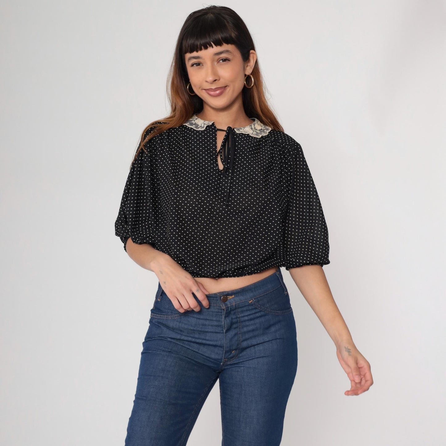 70s Black White Polka Dot Puff Sleeve Blouse Peter Pan Lace Collar Small