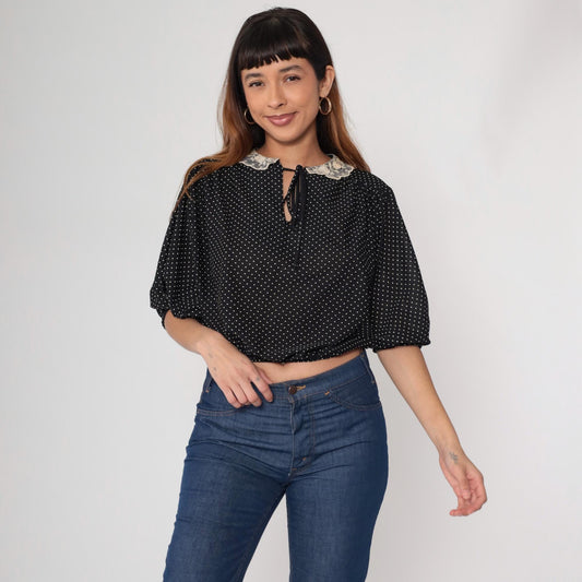 70s Black White Polka Dot Puff Sleeve Blouse Peter Pan Lace Collar Small