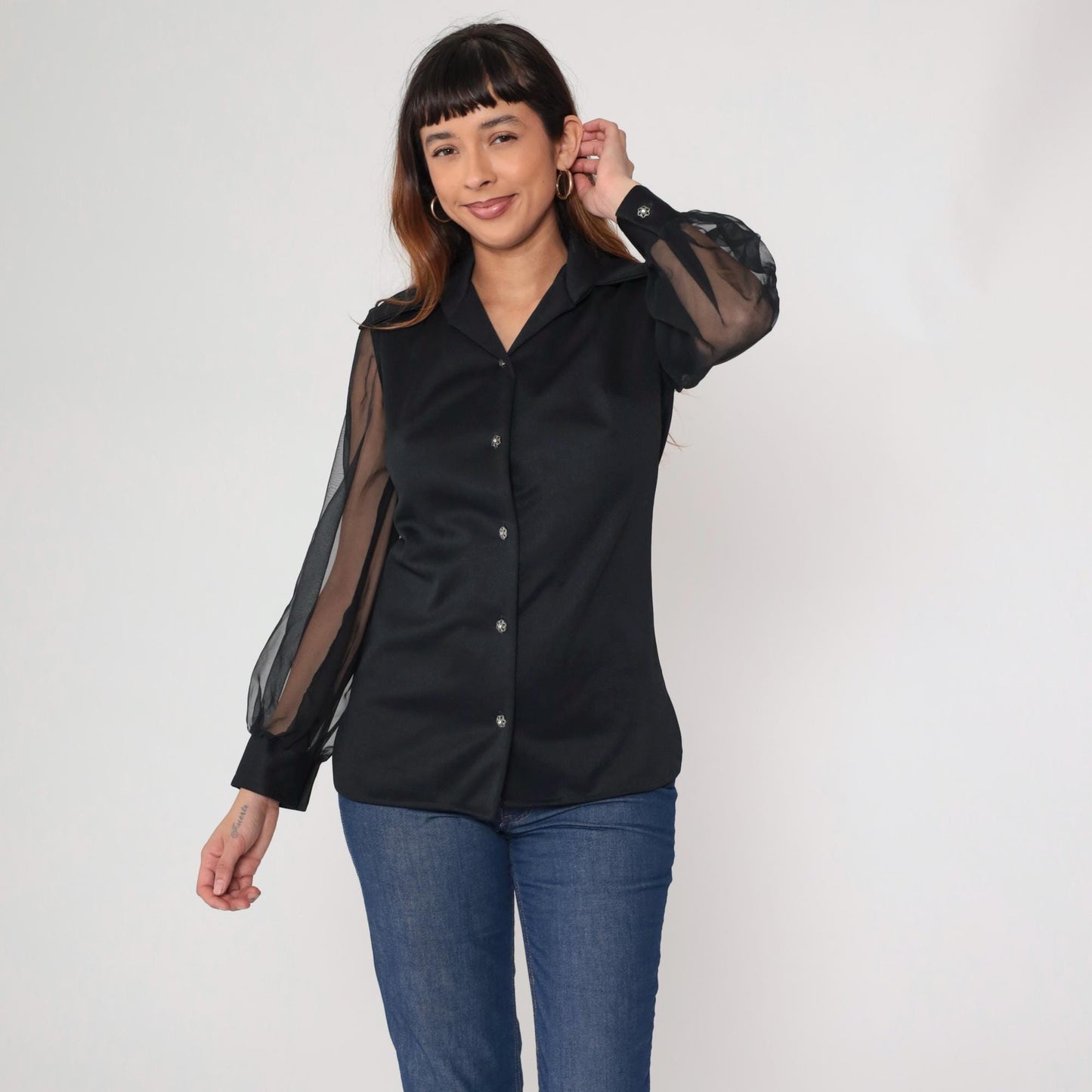 70s George Original California Black Chiffon Blouse Pointed Collar Long Sleeve Small