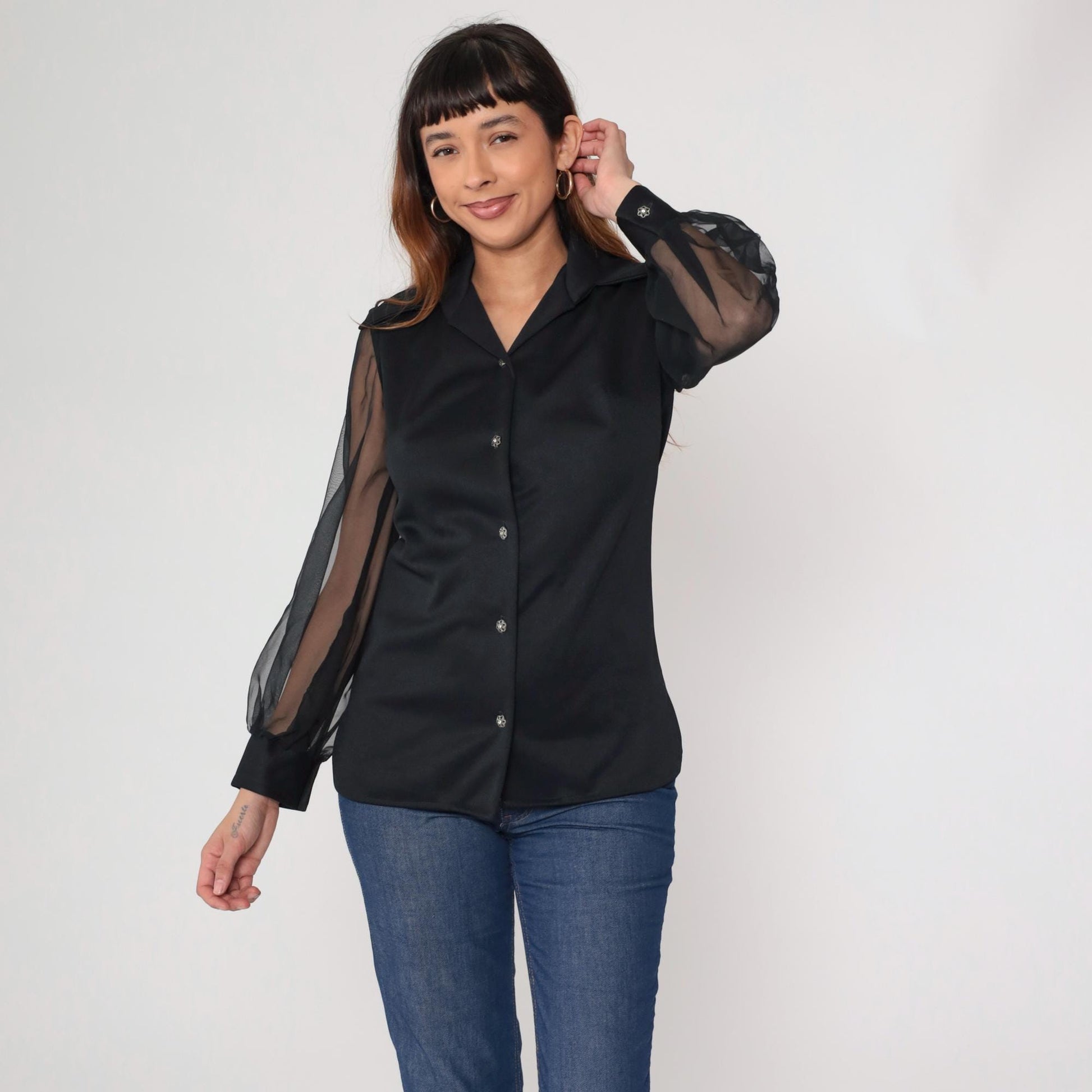 70s George Original California Black Chiffon Blouse Pointed Collar Long Sleeve Small