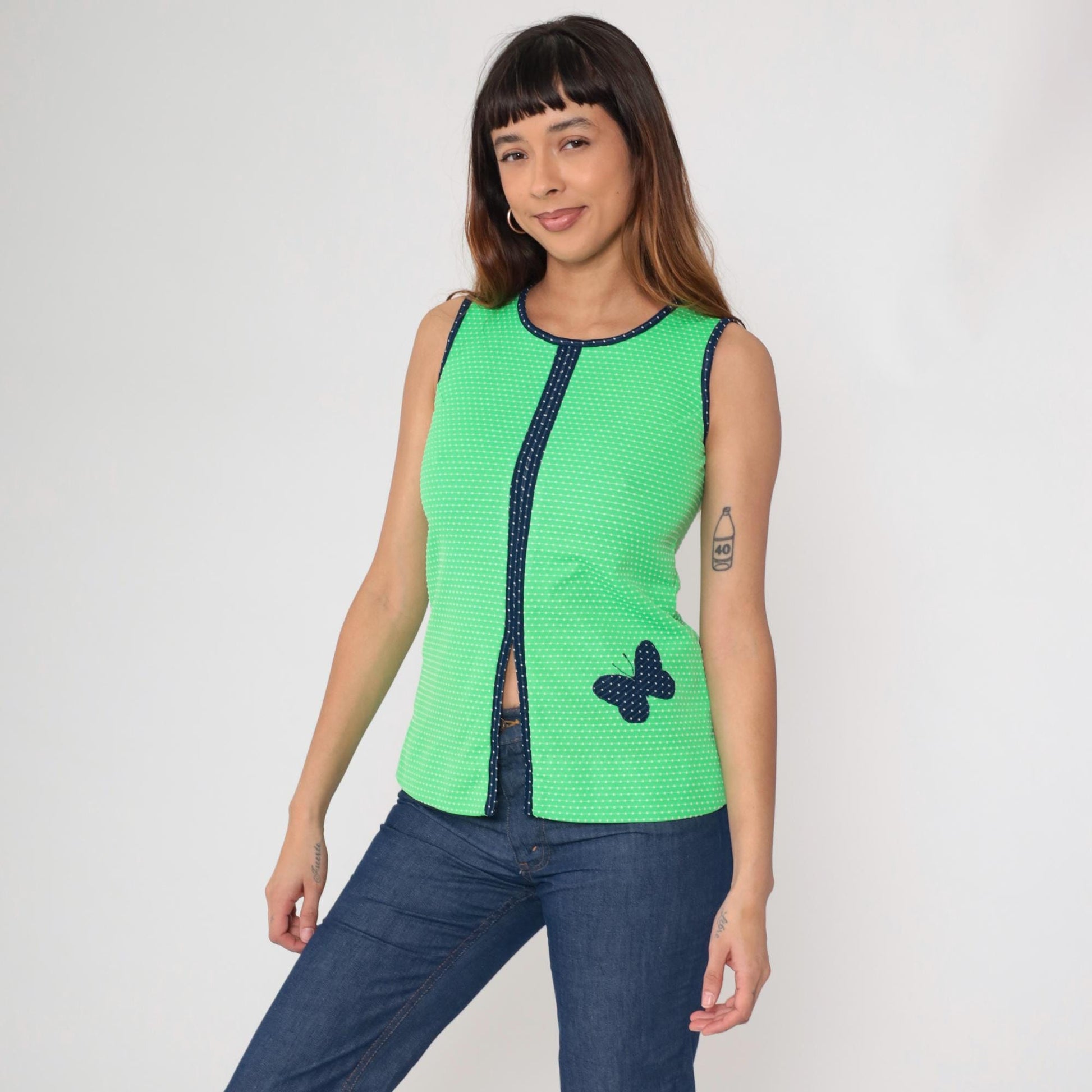 70s Green Butterfly Sleeveless Tank Top Polka Dot Knit Navy Trim Extra Small XS