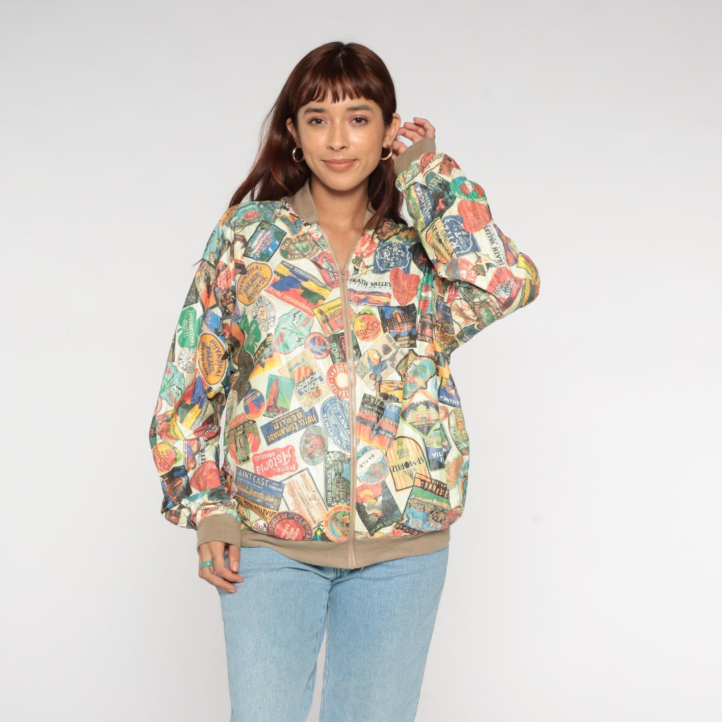 90s Travel Hotel Label Bomber Jacket Multicolor Graphic Medium Large