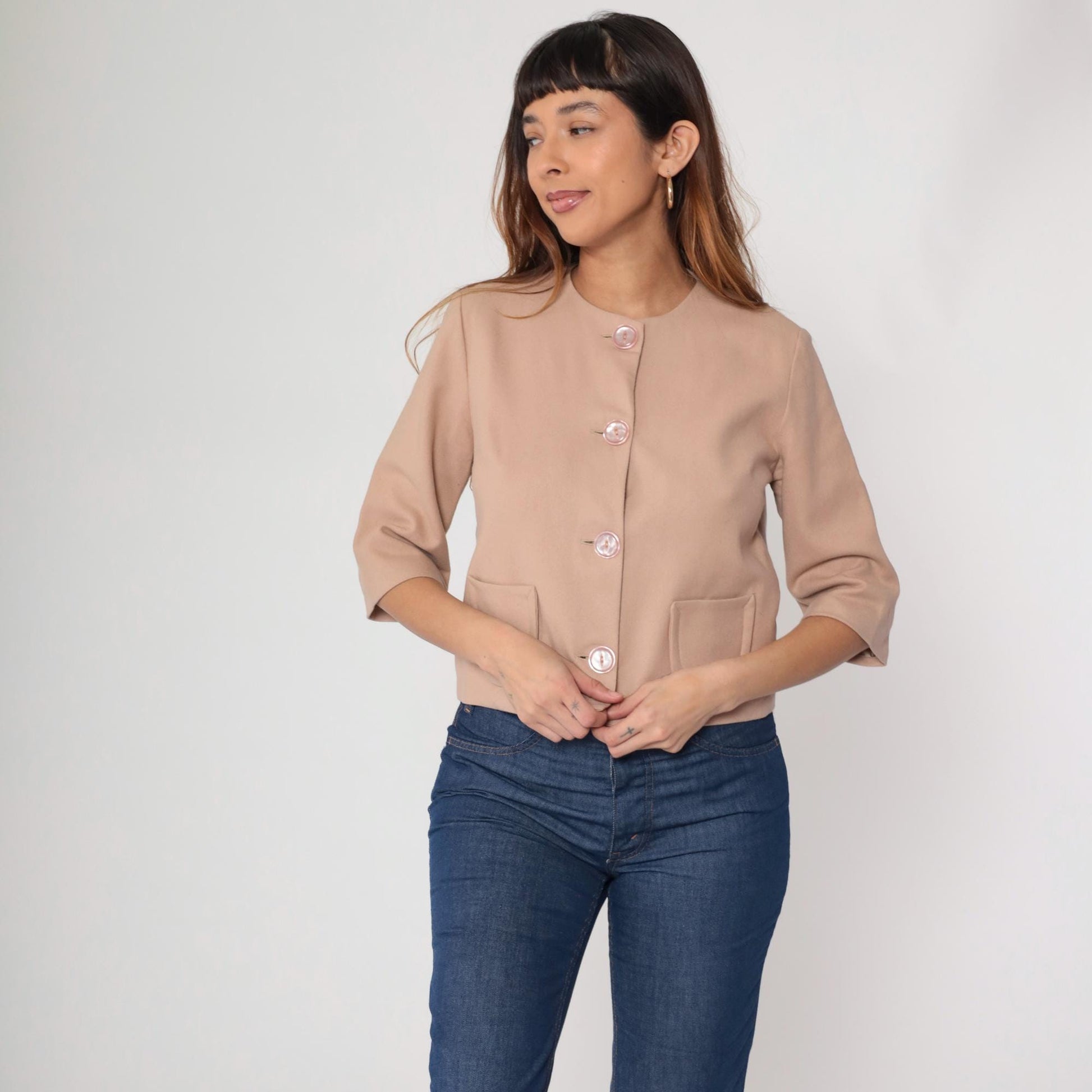 60s Beige Wool Cropped Jacket Pink Buttons Round Neck Short Sleeve Small S