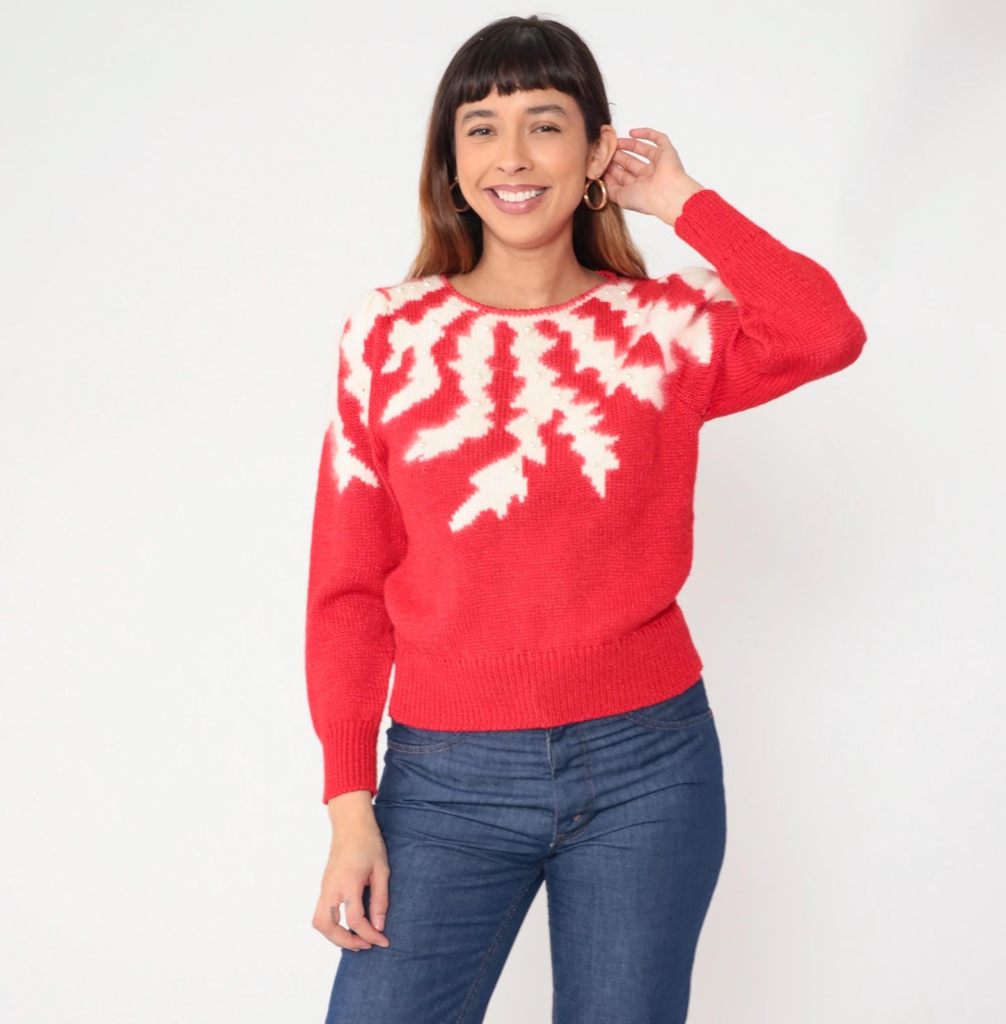 80s Petite Illustrations Red Knit Sweater Pearl Snowflake Puff Shoulder Small