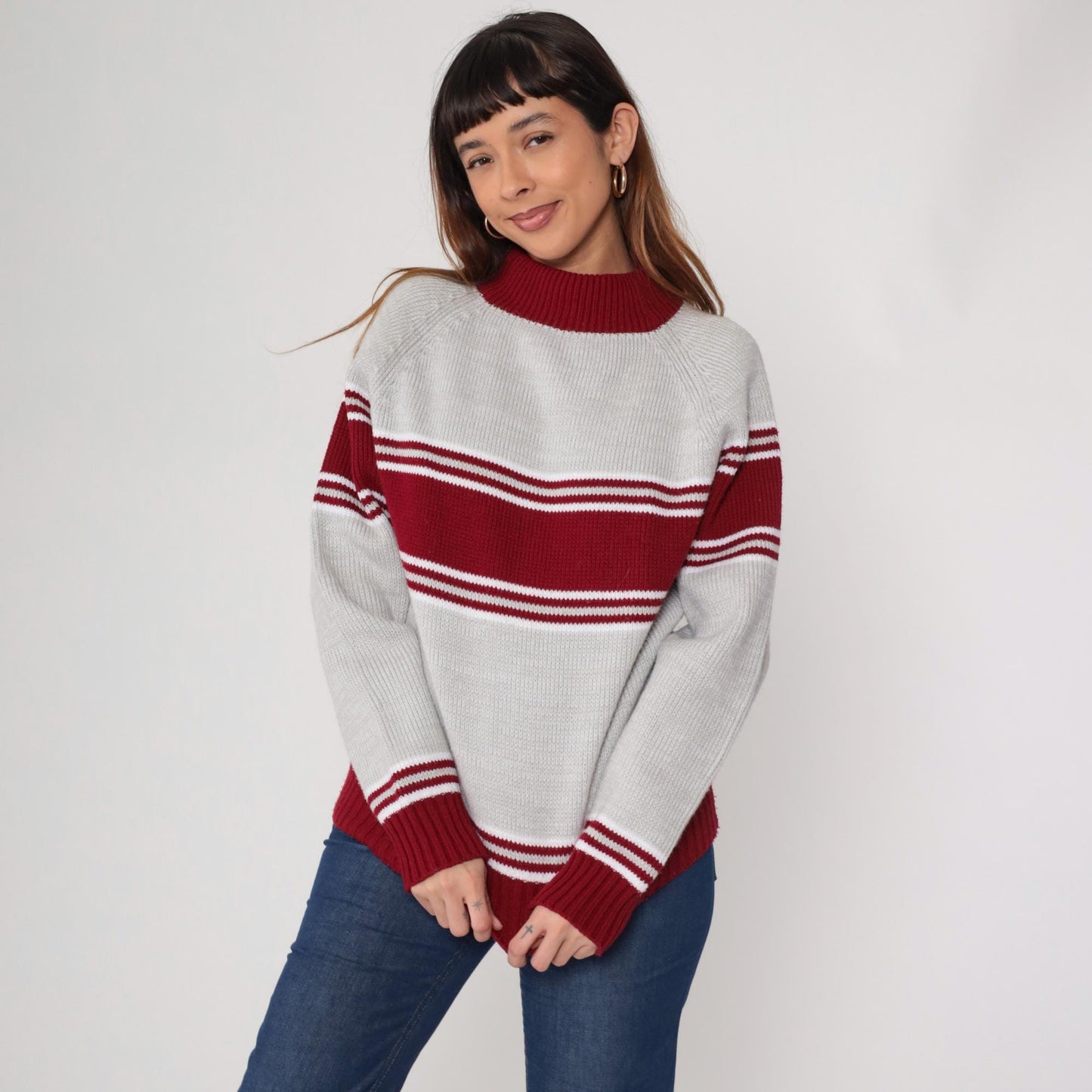 70s Craig Noble Mock Neck Sweater Red Grey Stripe Knit Medium