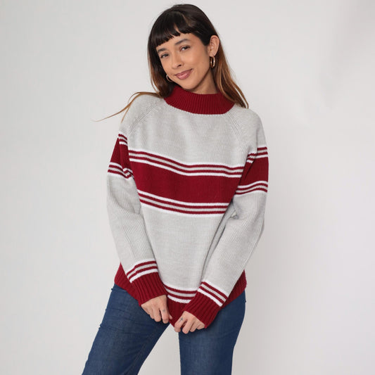 70s Craig Noble Mock Neck Sweater Red Grey Stripe Knit Medium