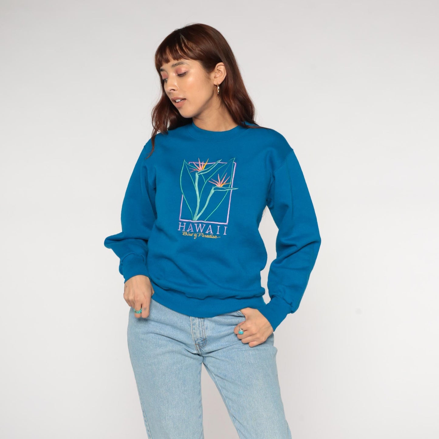 90s Crazy Shirt Bird Of Paradise Hawaii Embroidered Sweatshirt Teal Small