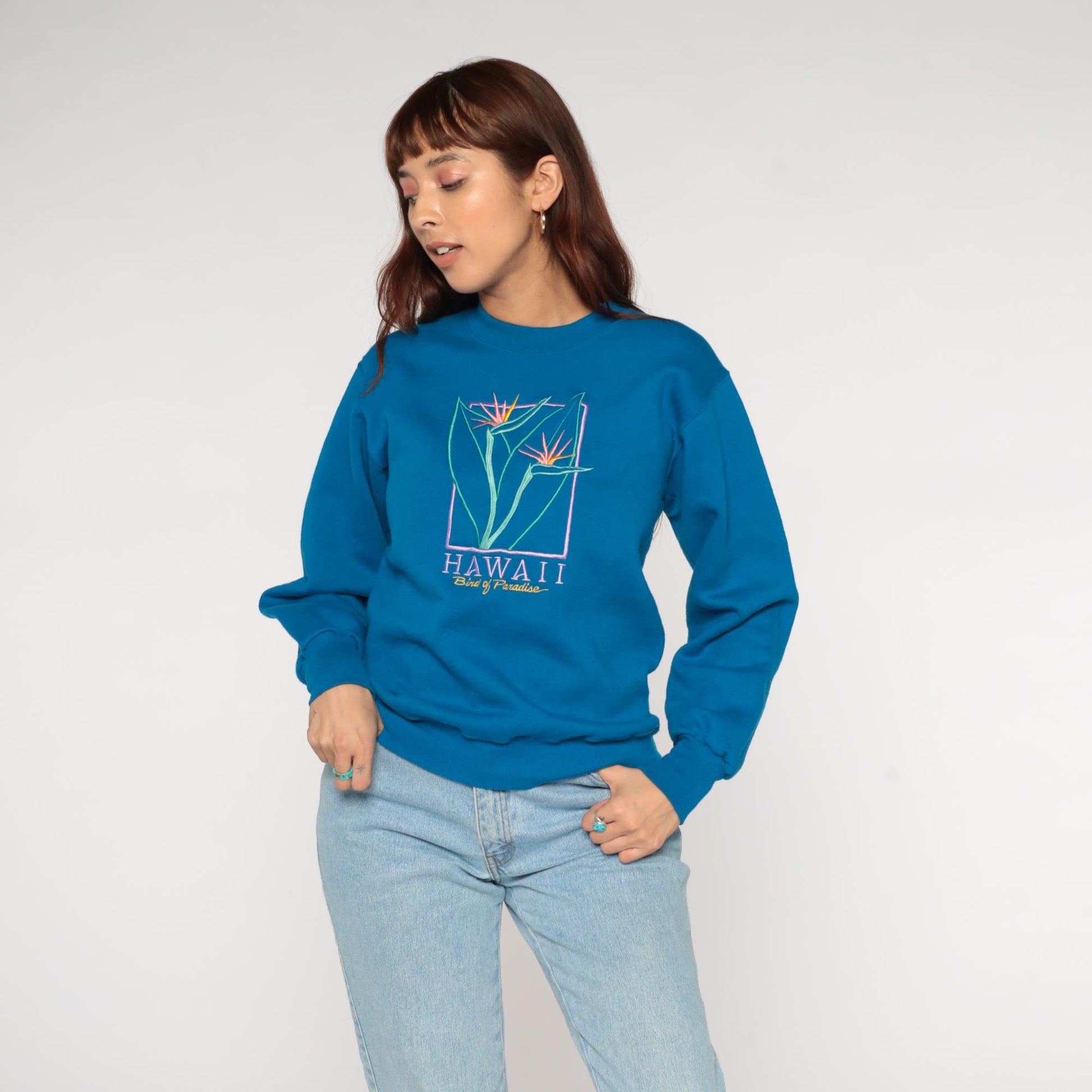 90s Crazy Shirt Bird Of Paradise Hawaii Embroidered Sweatshirt Teal Small