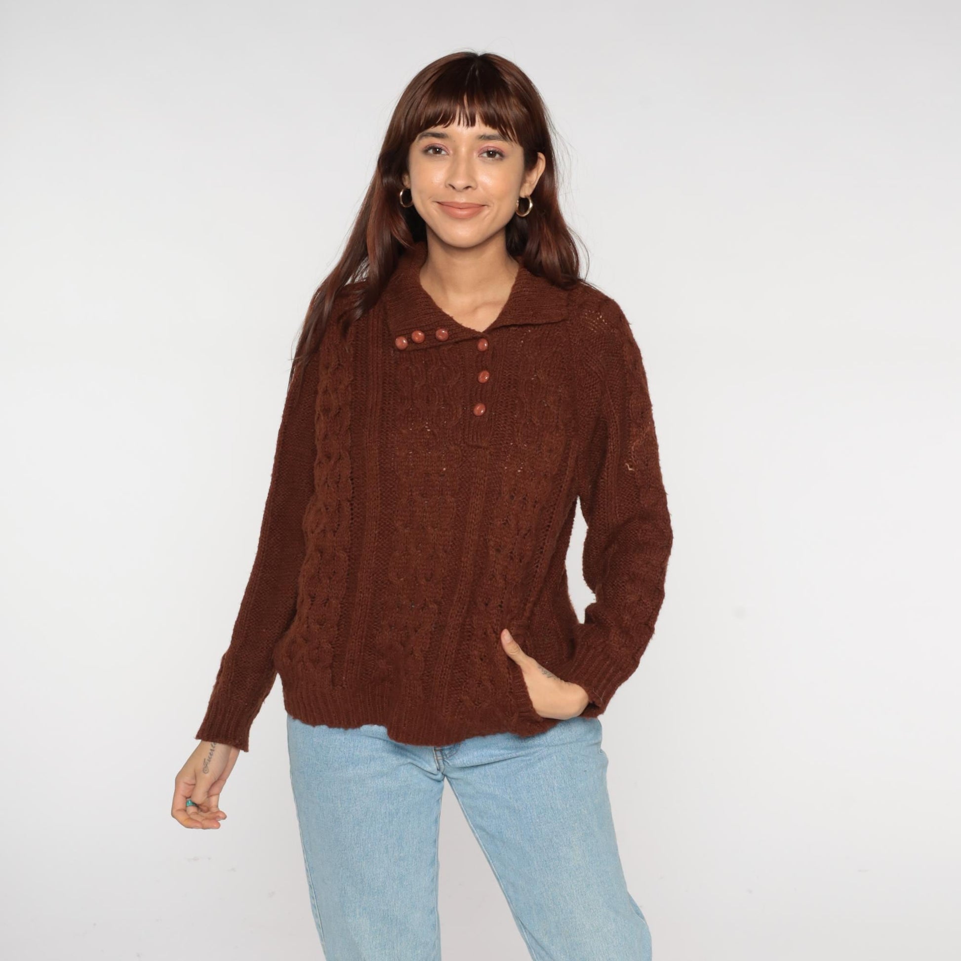 70s Rochelle California Brown Cable Knit Sweater Collared Medium M