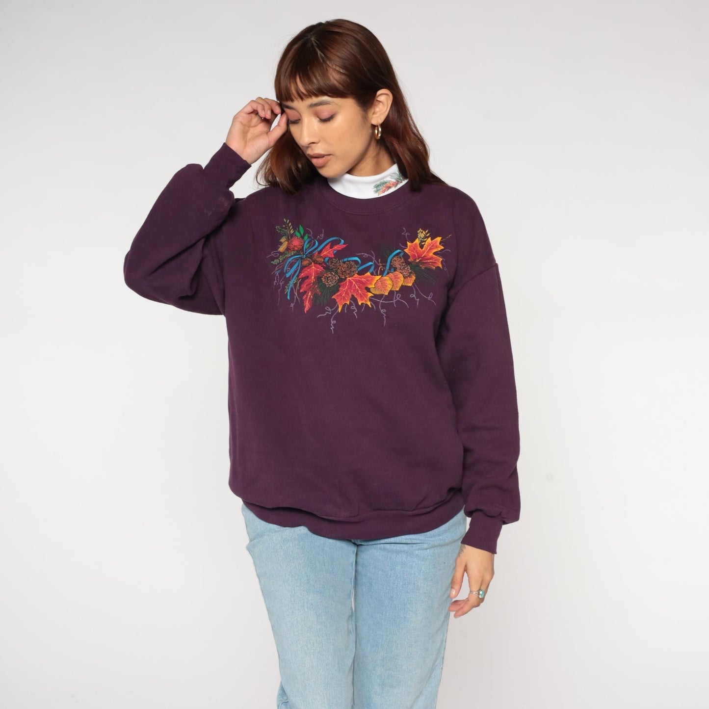 90s Jerzees Purple Autumn Sweatshirt Maple Leaf Pinecone Graphic Extra Large XL
