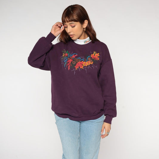 90s Jerzees Purple Autumn Sweatshirt Maple Leaf Pinecone Graphic Extra Large XL
