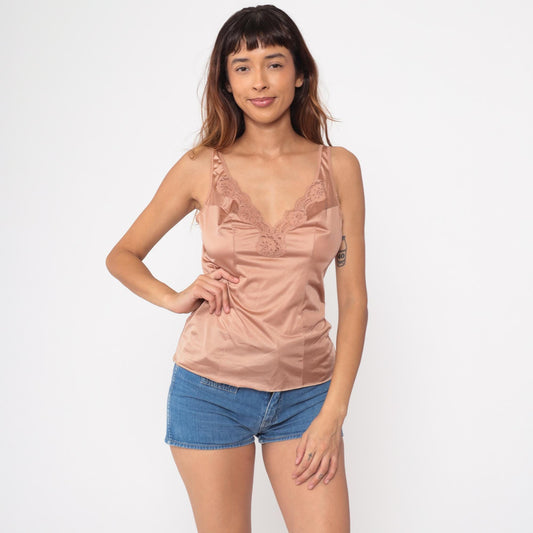 80s Beige Satin Camisole Lace Trim V-Neck Lingerie Tank Small