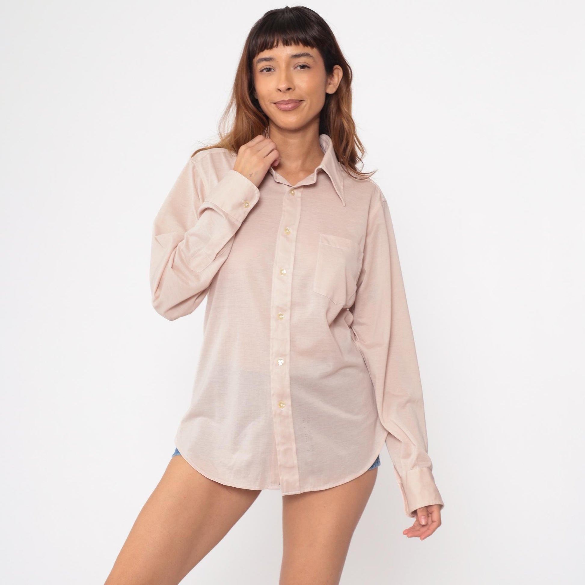 70s I Magnin Tan Button Up Shirt Pointed Collar Long Sleeve Medium M