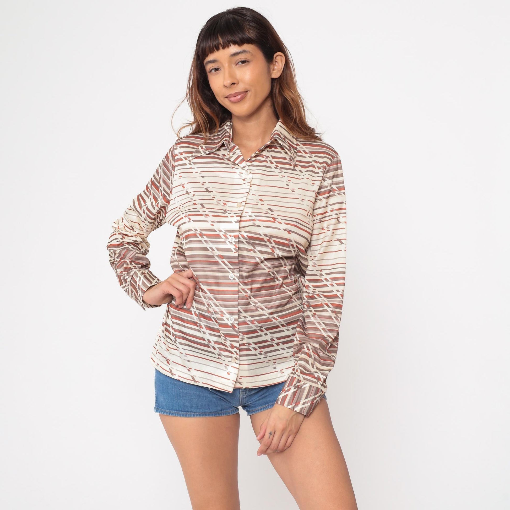 70s Devon Geometric Diagonal Striped Button-Up Shirt Rust Brown Cream Medium