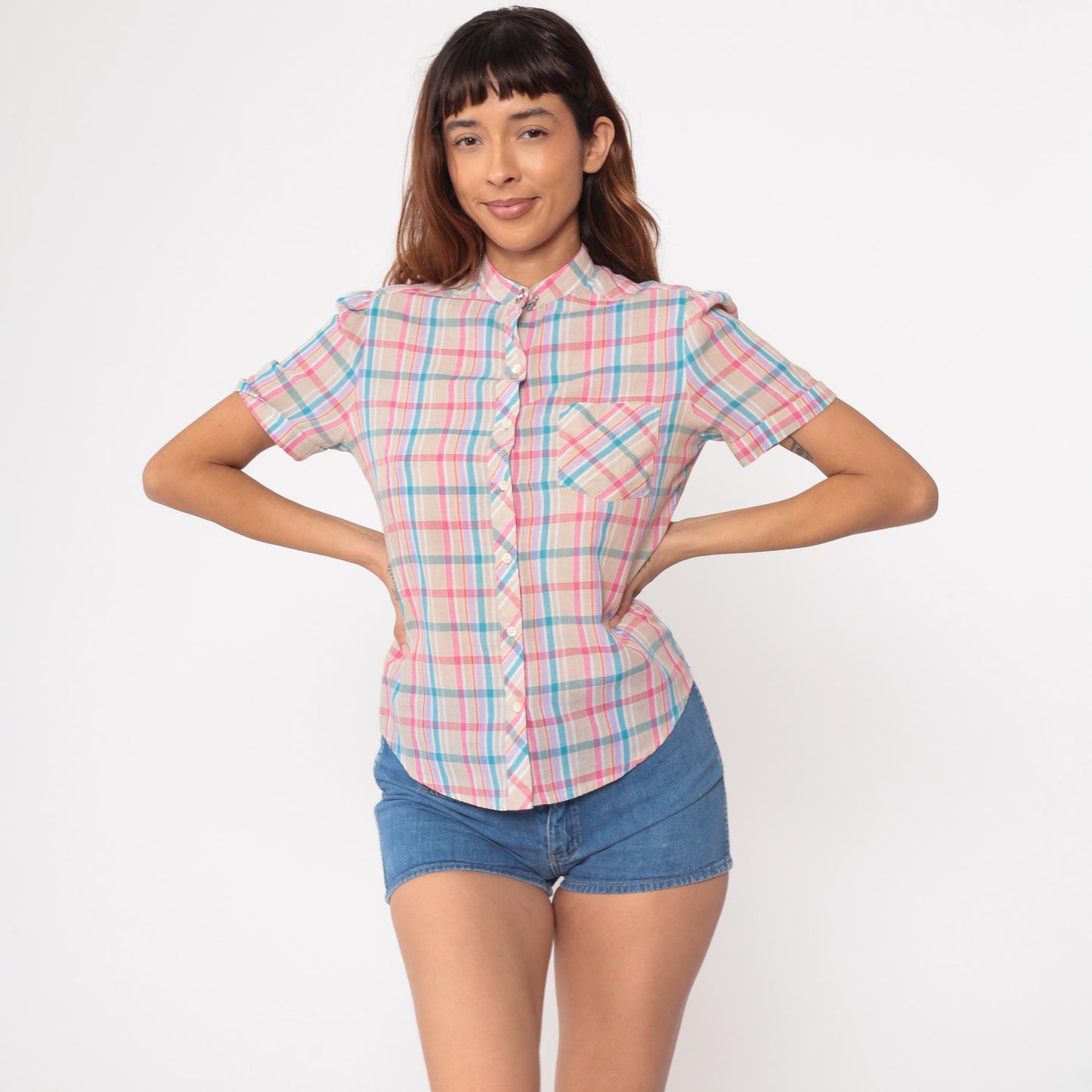 80s Ship n Shore Tan Checkered Button Up Blouse Pink Purple Blue Small S