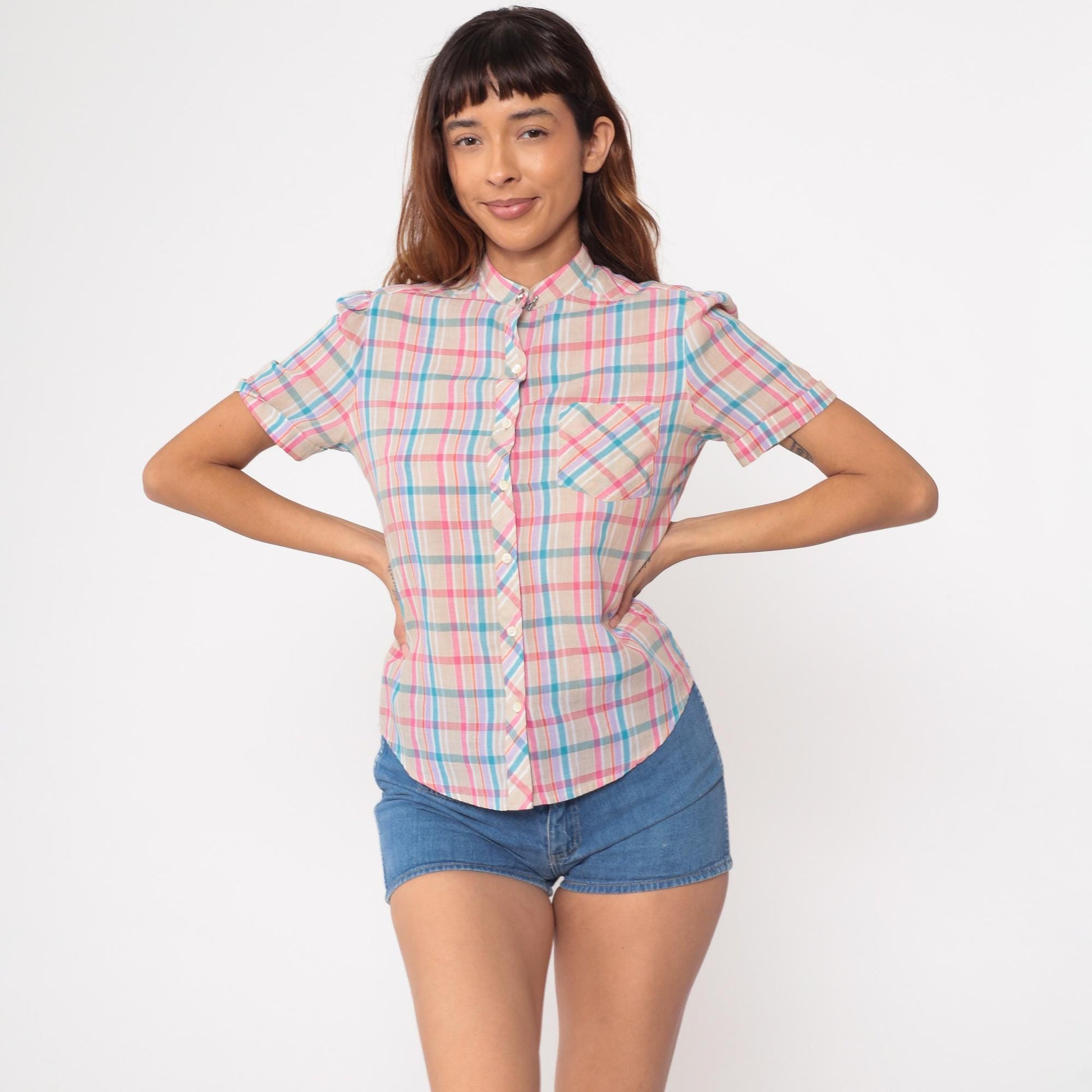 80s Ship n Shore Tan Checkered Button Up Blouse Pink Purple Blue Small S