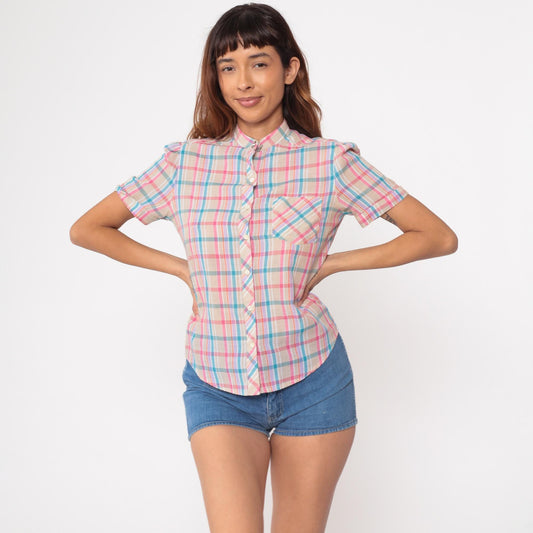 80s Ship n Shore Tan Checkered Button Up Blouse Pink Purple Blue Small S