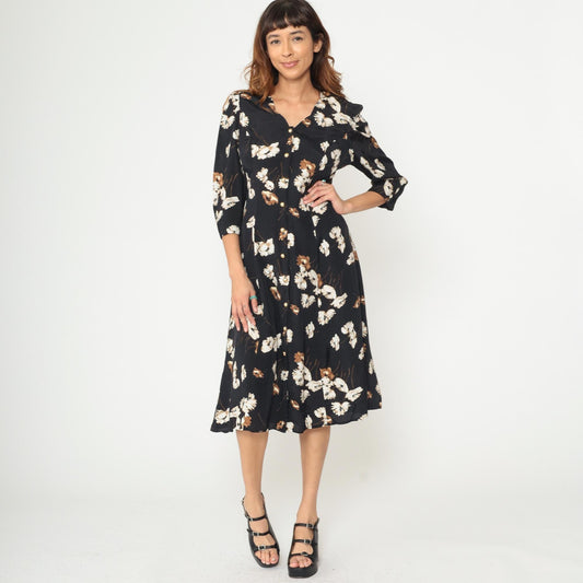 90s Caroline Wells Black Floral Midi Dress Pearl Buttons Lace-Up Back Medium