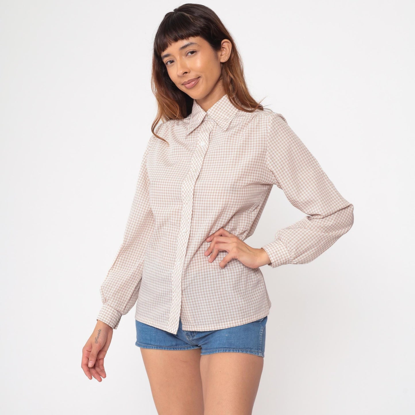 70s Gingham Check Blouse Beige Button Up Pointed Collar Long Sleeve Medium