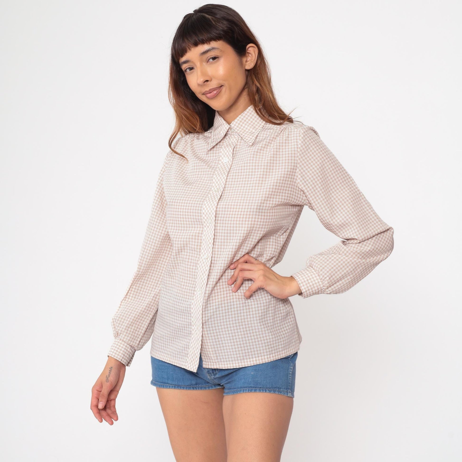 70s Gingham Check Blouse Beige Button Up Pointed Collar Long Sleeve Medium