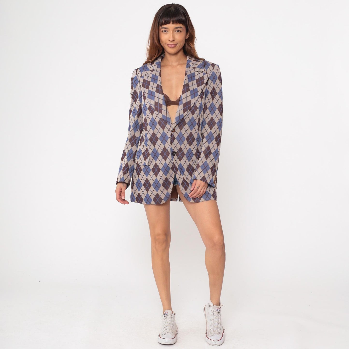 70s Hispacor Argyle Blazer Blue Brown Beige Diamond Pattern Medium