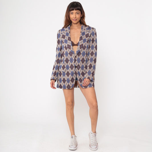 70s Hispacor Argyle Blazer Blue Brown Beige Diamond Pattern Medium