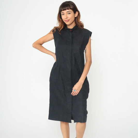 90s Albert Nipon Black Linen Mandarin Collar Midi Dress Large L