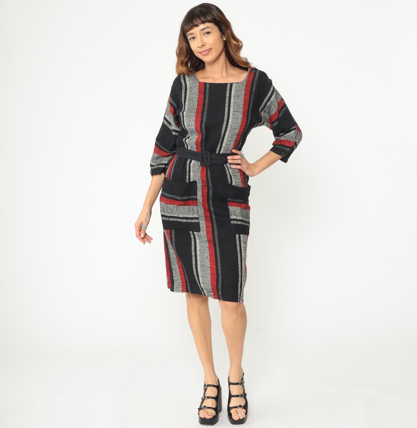 80s Vertical Stripe Midi Dress Red Black Grey Square Neck Wool Blend Medium