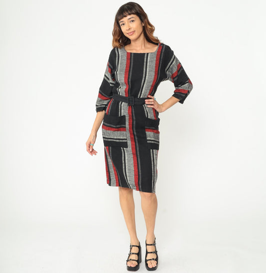80s Vertical Stripe Midi Dress Red Black Grey Square Neck Wool Blend Medium