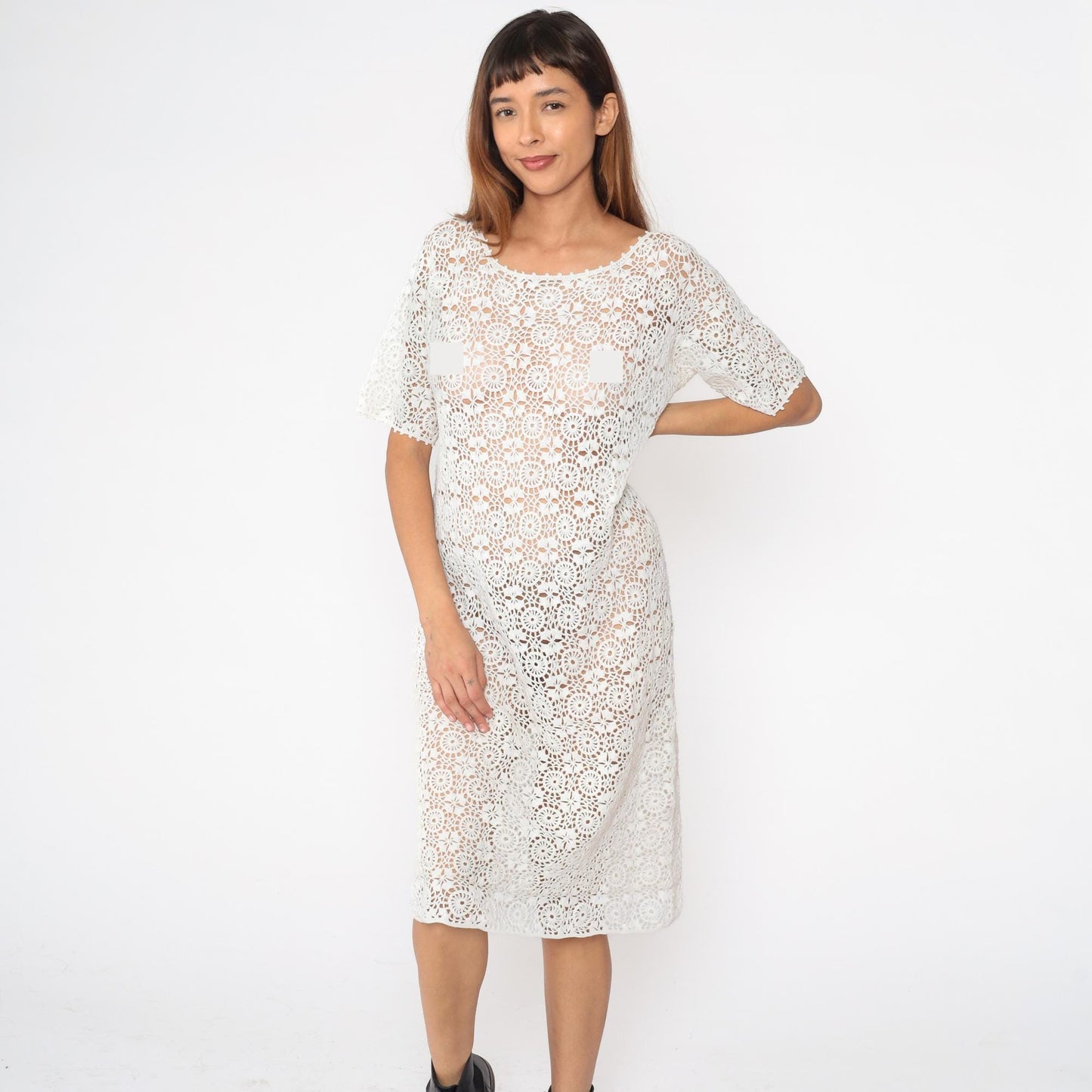 80s White Crochet Midi Dress Open Weave Cutwork Short Sleeve Large
