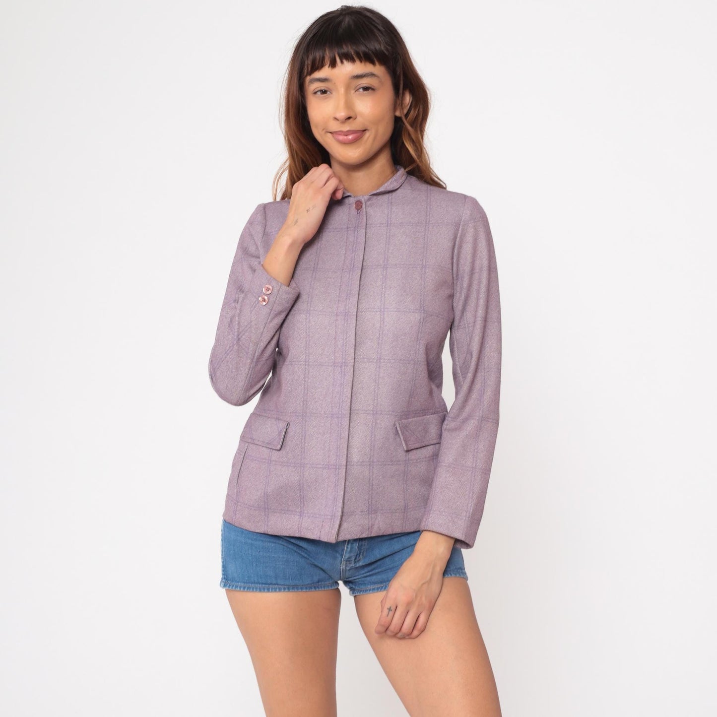 80s Wilroy Traveler Lilac Herringbone Blazer Mandarin Collar Wool Blend XS