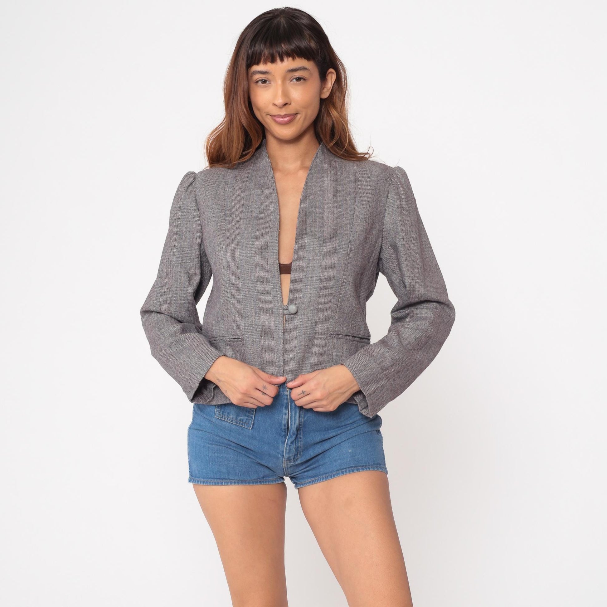 80s Gilmor Grey Plaid Collarless Wool Blazer Cropped Fitted Medium M