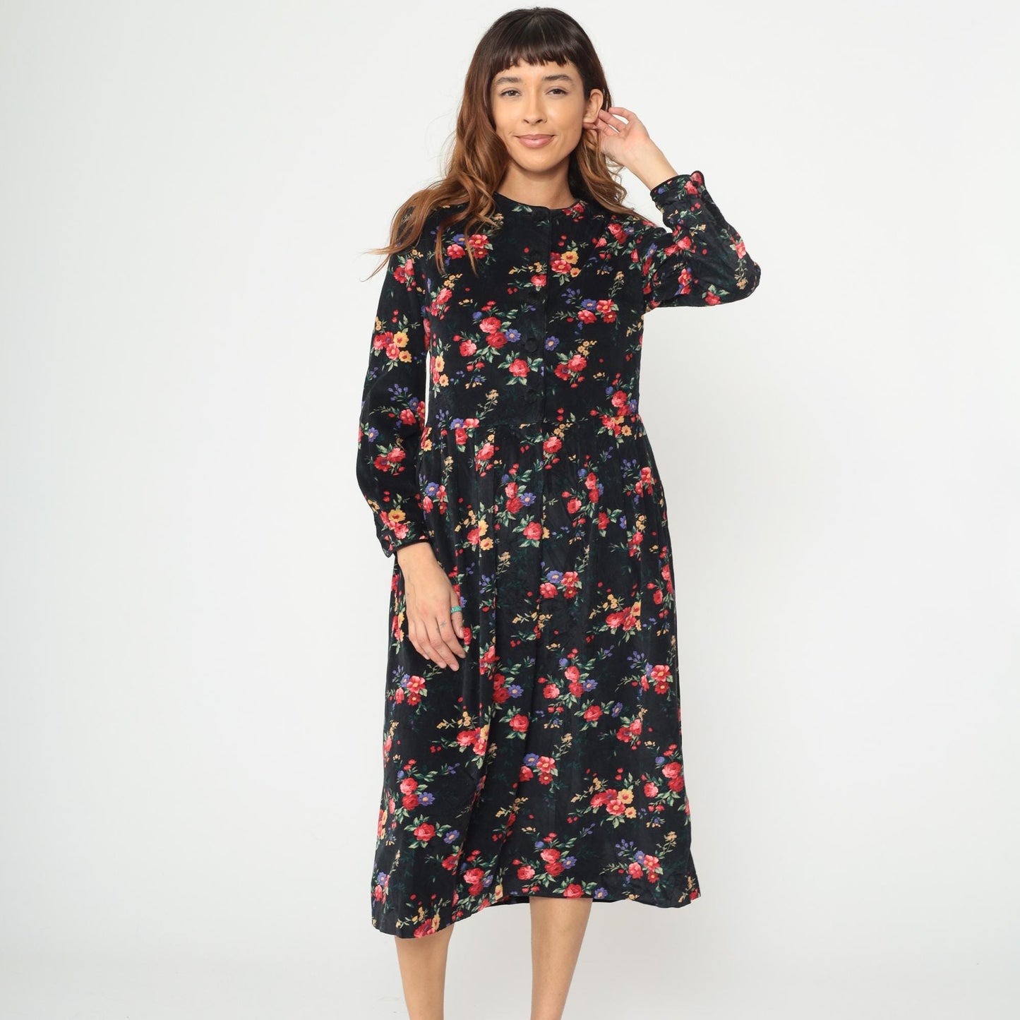 90s Talbots Floral Corduroy Midi Dress Black Button Front Long Sleeve Medium