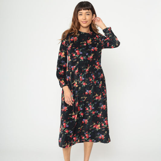 90s Talbots Floral Corduroy Midi Dress Black Button Front Long Sleeve Medium