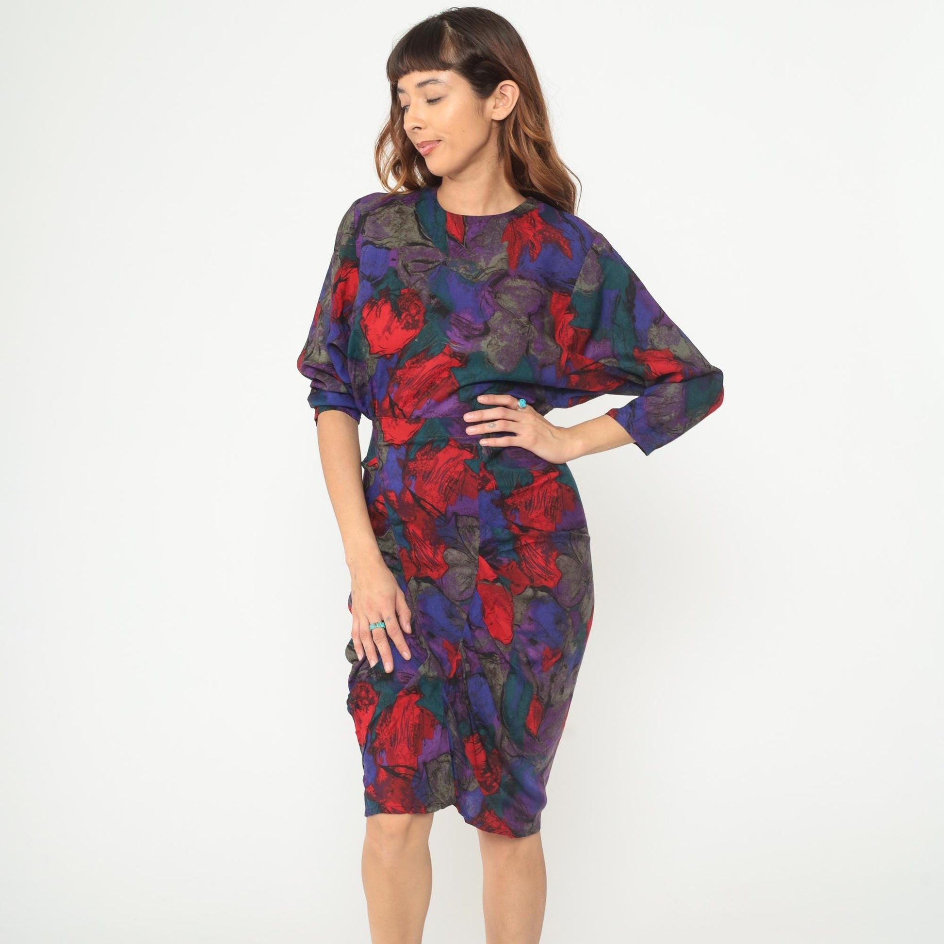 90s All That Jazz Floral Midi Dress Dolman Sleeve Rayon Purple Extra Small XS