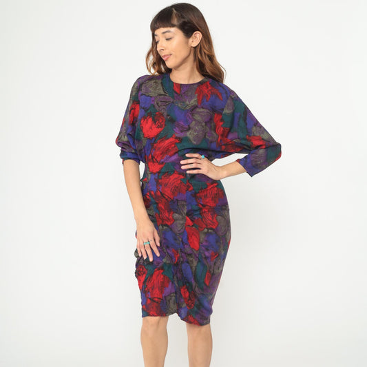 90s All That Jazz Floral Midi Dress Dolman Sleeve Rayon Purple Extra Small XS