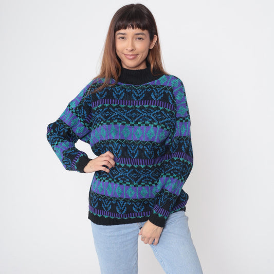 90s Fair Isle Mock Neck Sweater Purple Teal Geometric Nordic Small S