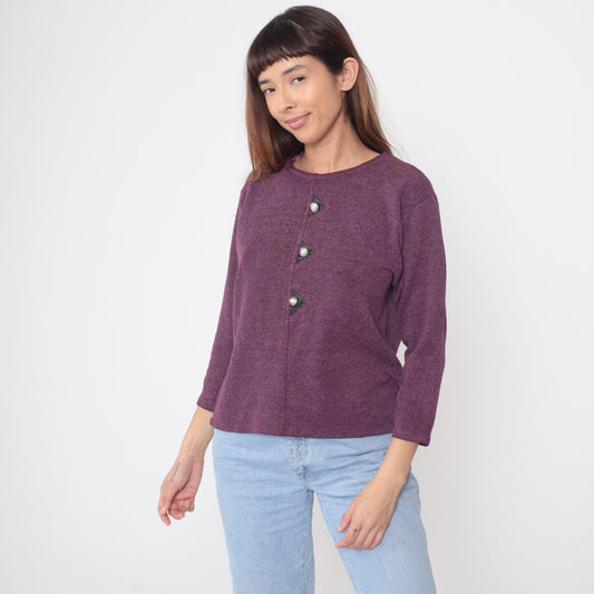 90s Purple Cotton Crew Neck Sweater Pearl Buttons Three-Quarter Sleeve Medium M