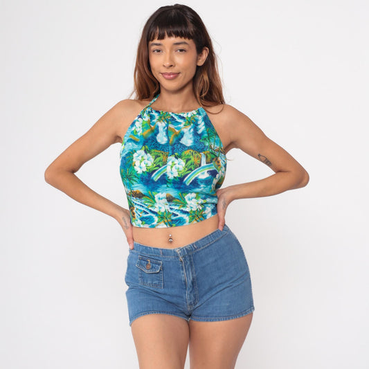 1960s Hawaiian Halter Crop Top Tropical Print Blue White Small S