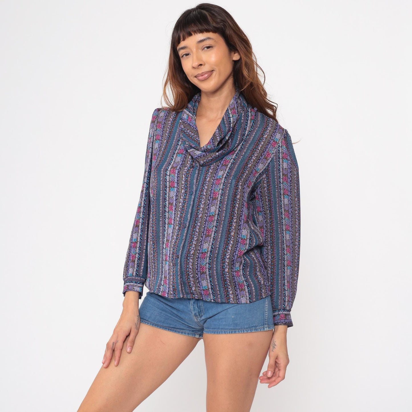 70s Floral Striped Cowl Neck Blouse Purple Blue Pink Long Sleeve Medium