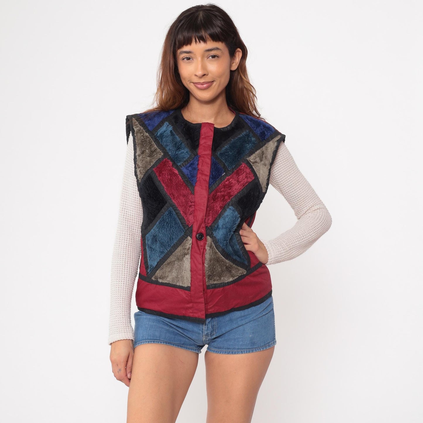 80s Patchwork Faux Fur Vest Burgundy Navy Geometric Colorblock Medium