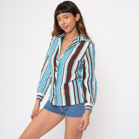 70s Striped Button-Up Blouse Turquoise Brown White Vertical Polyester Small