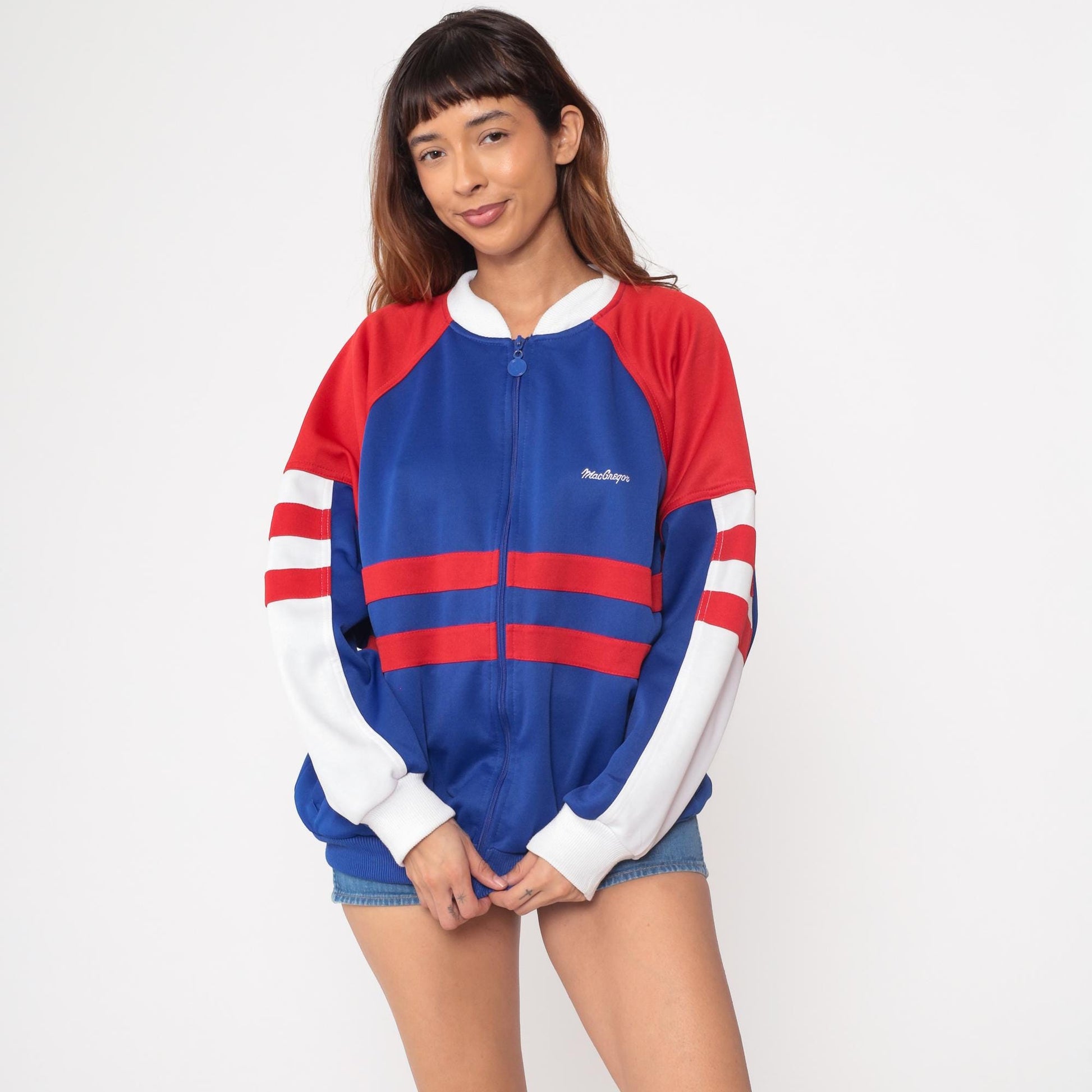 80s MacGregor Track Jacket Royal Blue Striped Zip Sweatshirt Extra Large