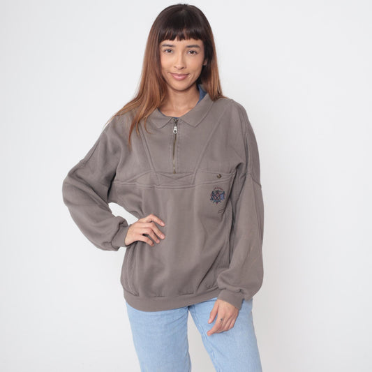 90s Todays News Half Zip Sweatshirt Taupe Embroidered Logo Large L