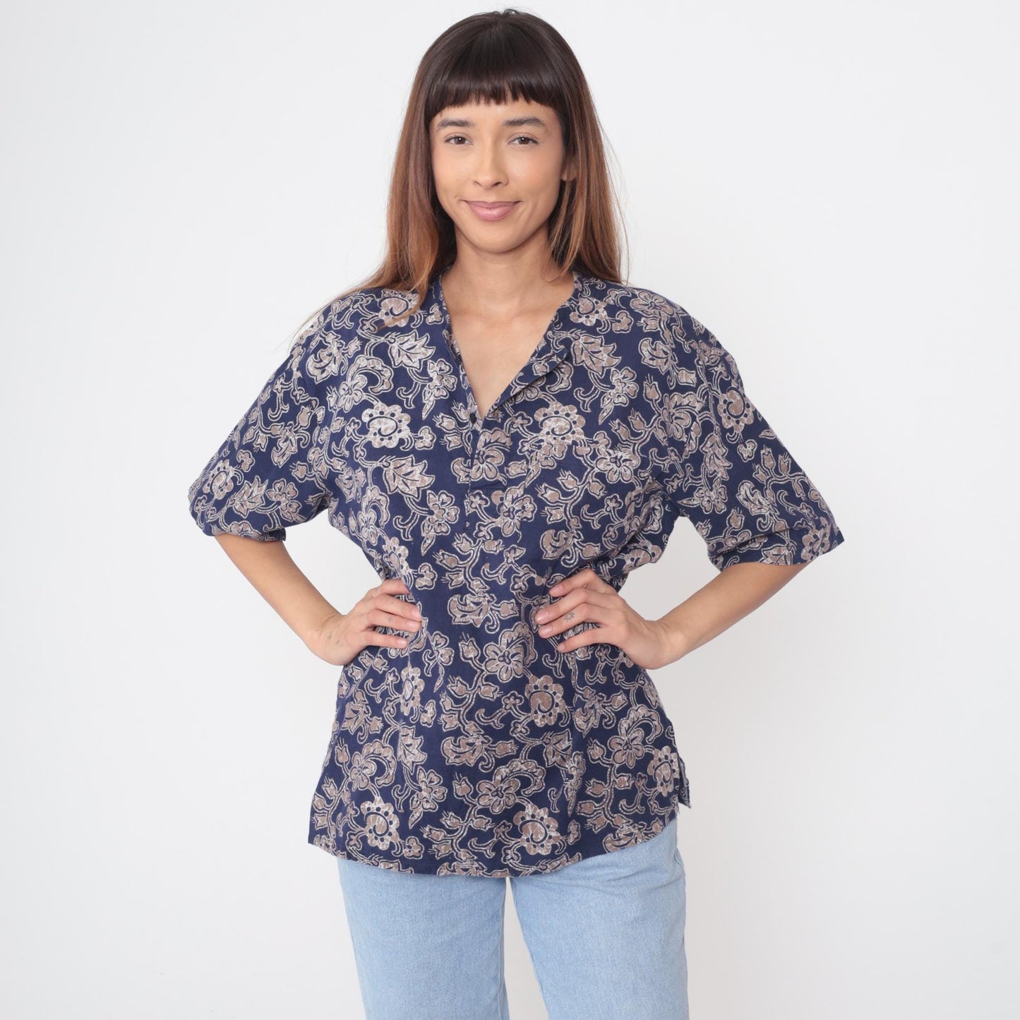 Y2K Craute Navy Paisley Floral Button-Up Blouse Short Sleeve Large L