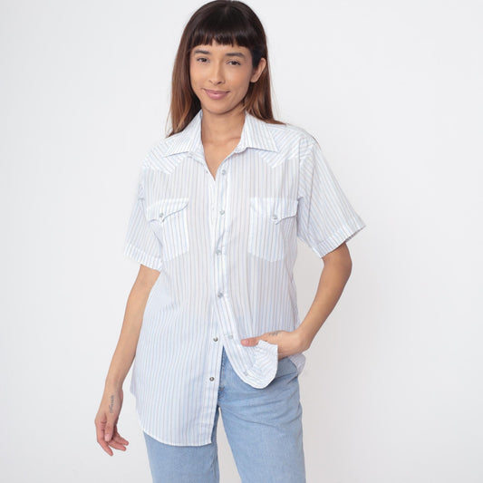 80s Panhandle Slim Western Shirt Blue Pinstripe Short Sleeve Large