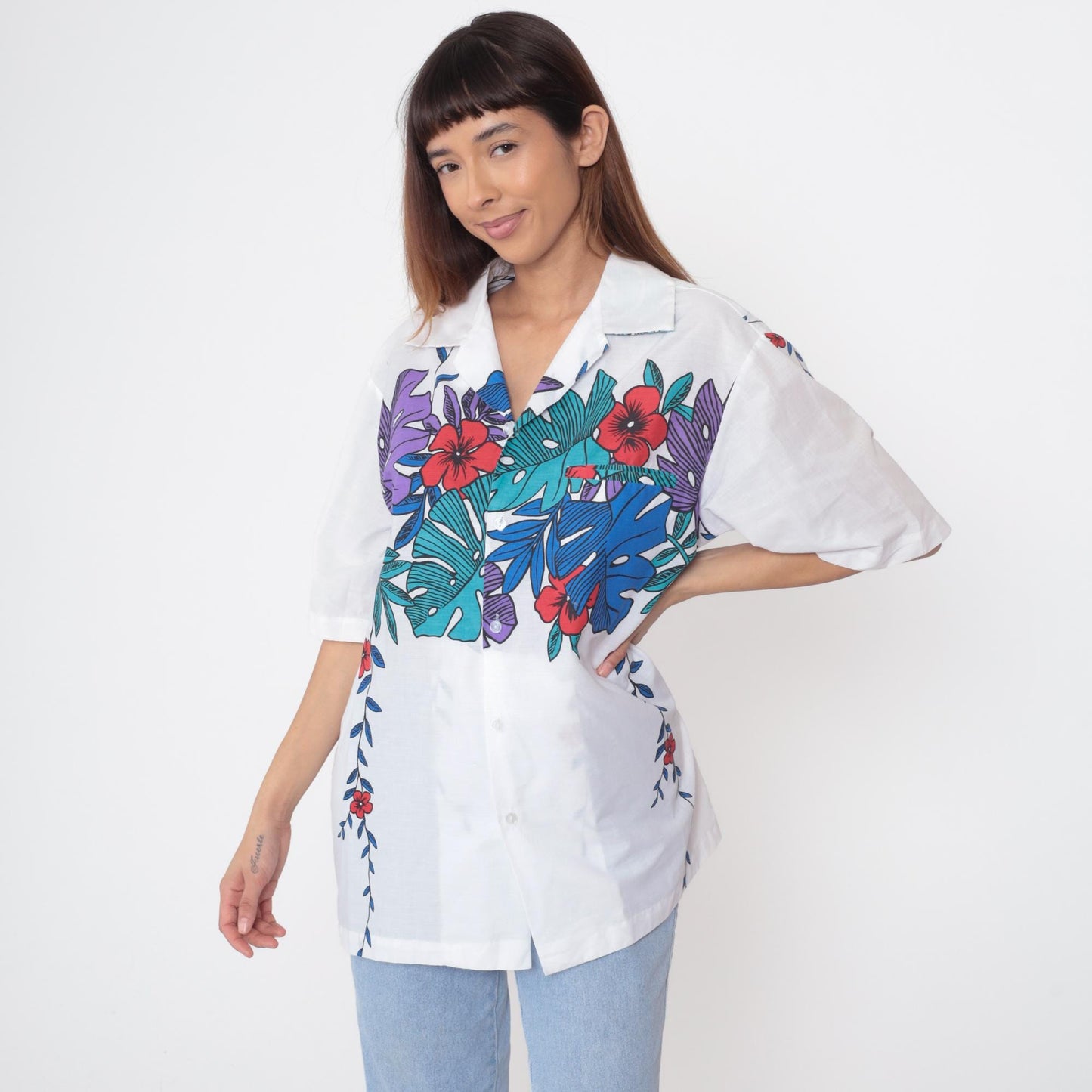 90s Hilo Hattie's Tropical Floral Shirt White Hawaiian Button Up Extra Large XL