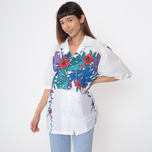90s Hilo Hattie's Tropical Floral Shirt White Hawaiian Button Up Extra Large XL