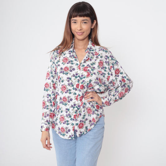 90s Ilio Floral Button-Up Blouse White Rose Print Rayon Medium M