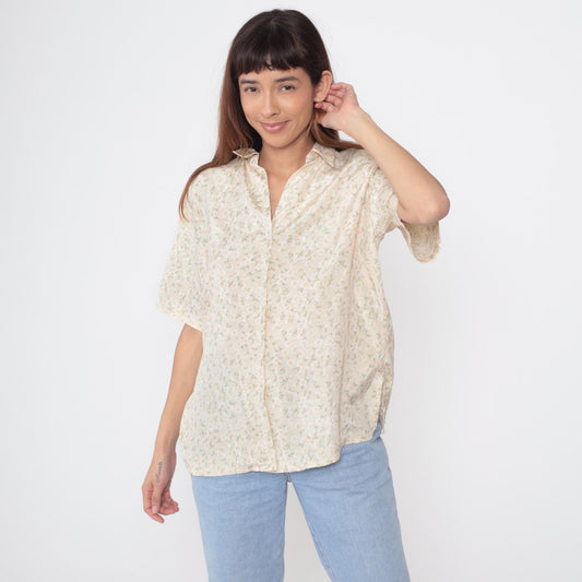90s Daisy Floral Button-Up Shirt Beige Short Sleeve Pointed Collar Large L